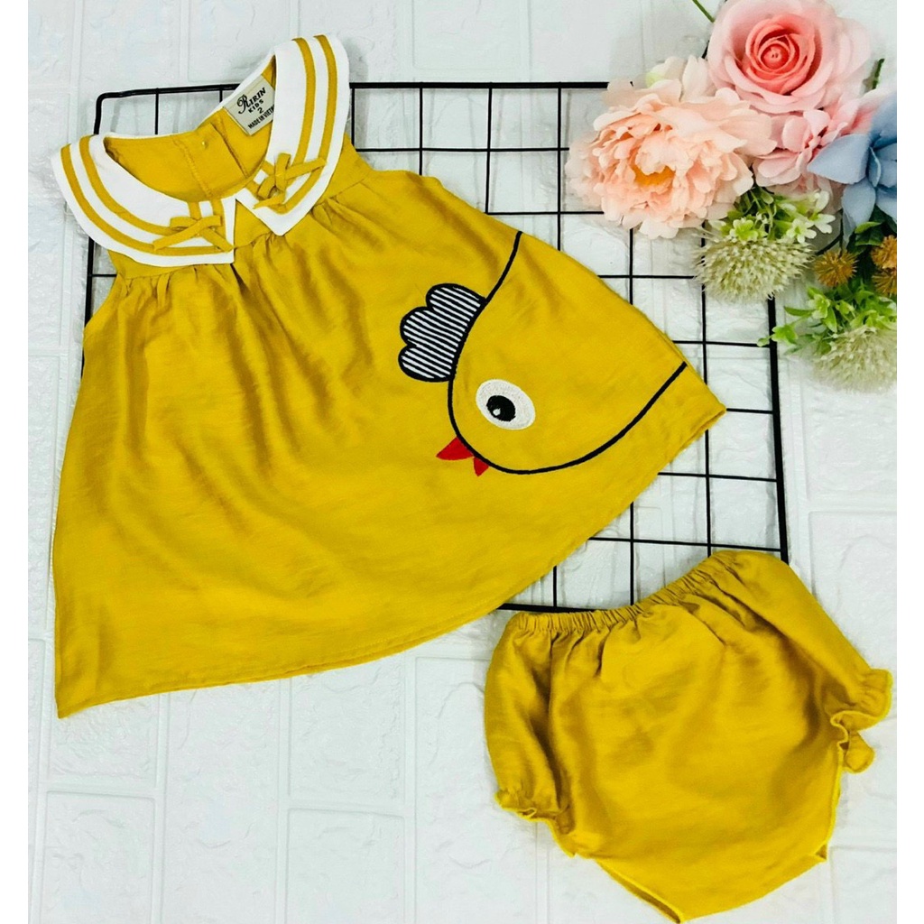 Đầm xoè cổ tròn đính nơ cho bé gái