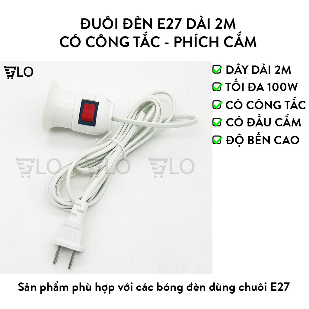 Đuôi đèn e27 dài 2m có công tắc, phích cắm
