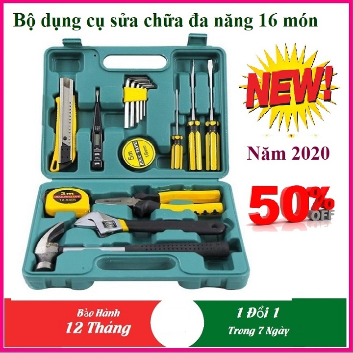 HỘP ĐỒ NGHỀ SỬA CHỮA ĐIỆN NƯỚC, XE ĐẠP, XE MÁY CHO GIA ĐÌNH KÈM HỘP ĐỰNG CẤT GỌN TIỆN DỤNG KHI DI CHUYỂN, BỘ DỤNG CỤ 16 MÓN SỬA CHỮA THÔNG MINH BẰNG THÉP KHÔNG GỈ TAY CẦM BỌC NHỰA CÁCH ĐIỆN