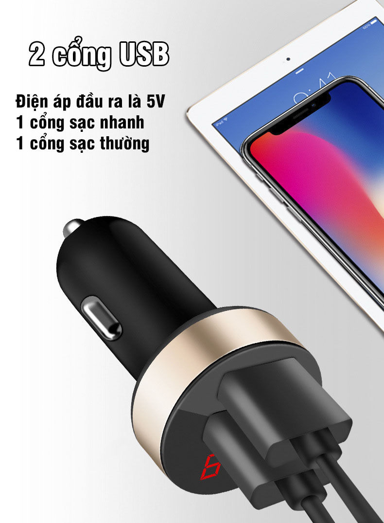 Tẩu sạc ô tô siêu nhanh 2 cổng USB có đèn LED báo điện áp ắc quy