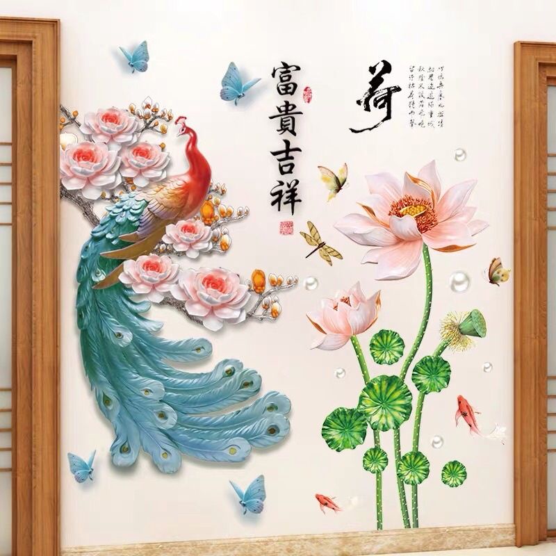 Decal dán tường công đuôi xanh và hoa sen( combo 2 tranh)