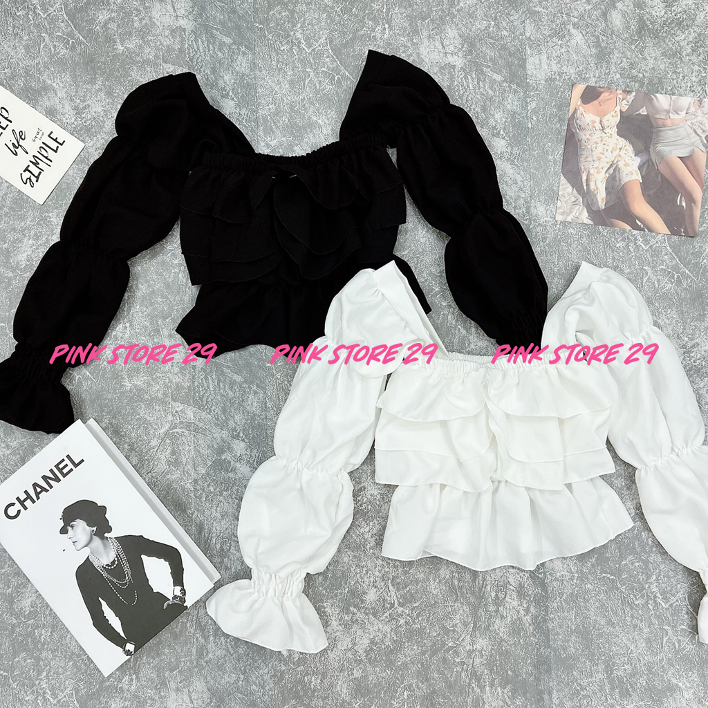 Áo kiểu croptop cổ vuông tay phồng PINKSTORE29 kiểu bánh bèo A5359