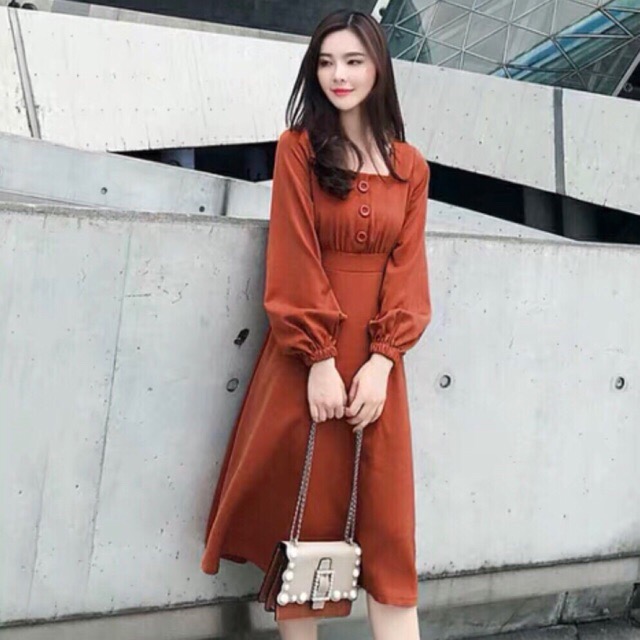 [HCM]DM637 - Orange Maxi Dress Square Neck with Puffy Sleeves