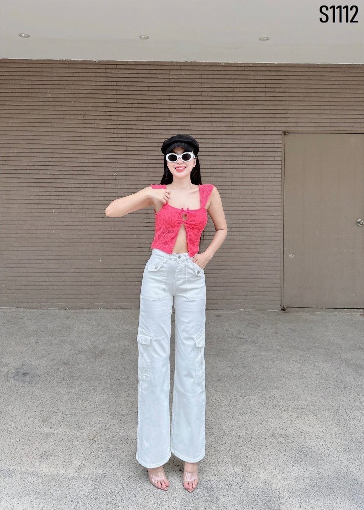 Quần Jeans Nữ Lưng Cao Ống Rộng Túi Hộp Thời Trang