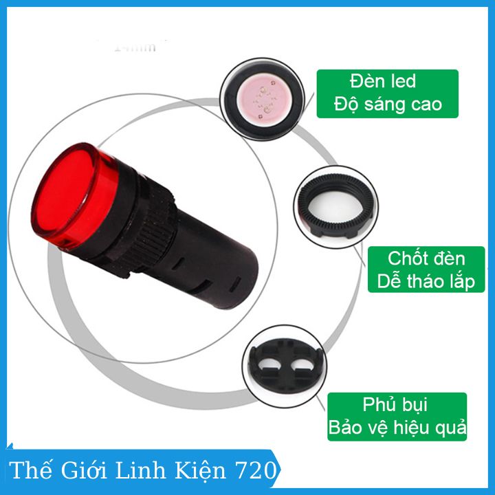 Đèn Báo Nguồn 220VAC 16mm màu đỏ/vàng/xanh