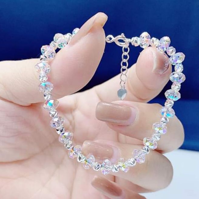 Vòng tay đá pha lê mix bi bạc cho bạn gái, Vàng bạc an chi