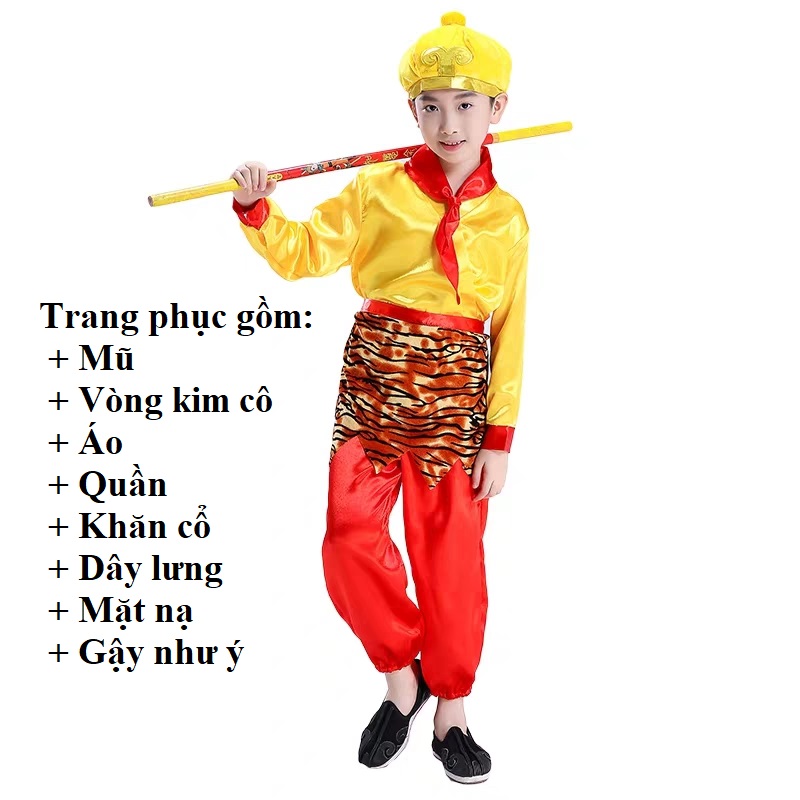 (Tặng kèm gậy như ý) Trang Phục Tôn Ngộ Không Trẻ Em, Bộ quần áo tôn ngộ không dành cho trẻ em