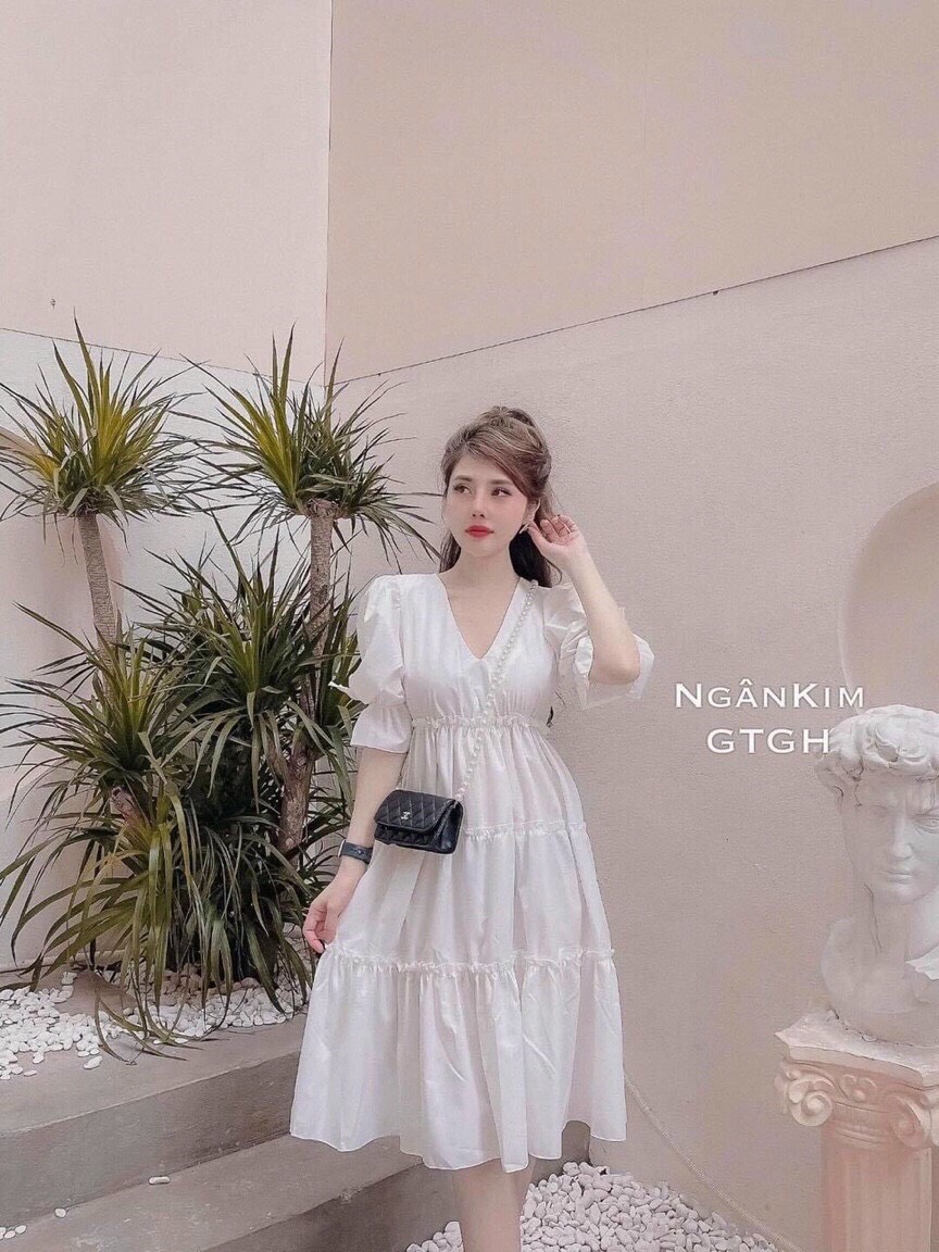 Đầm bầu thiết kế công sở dáng xòe tay nơ