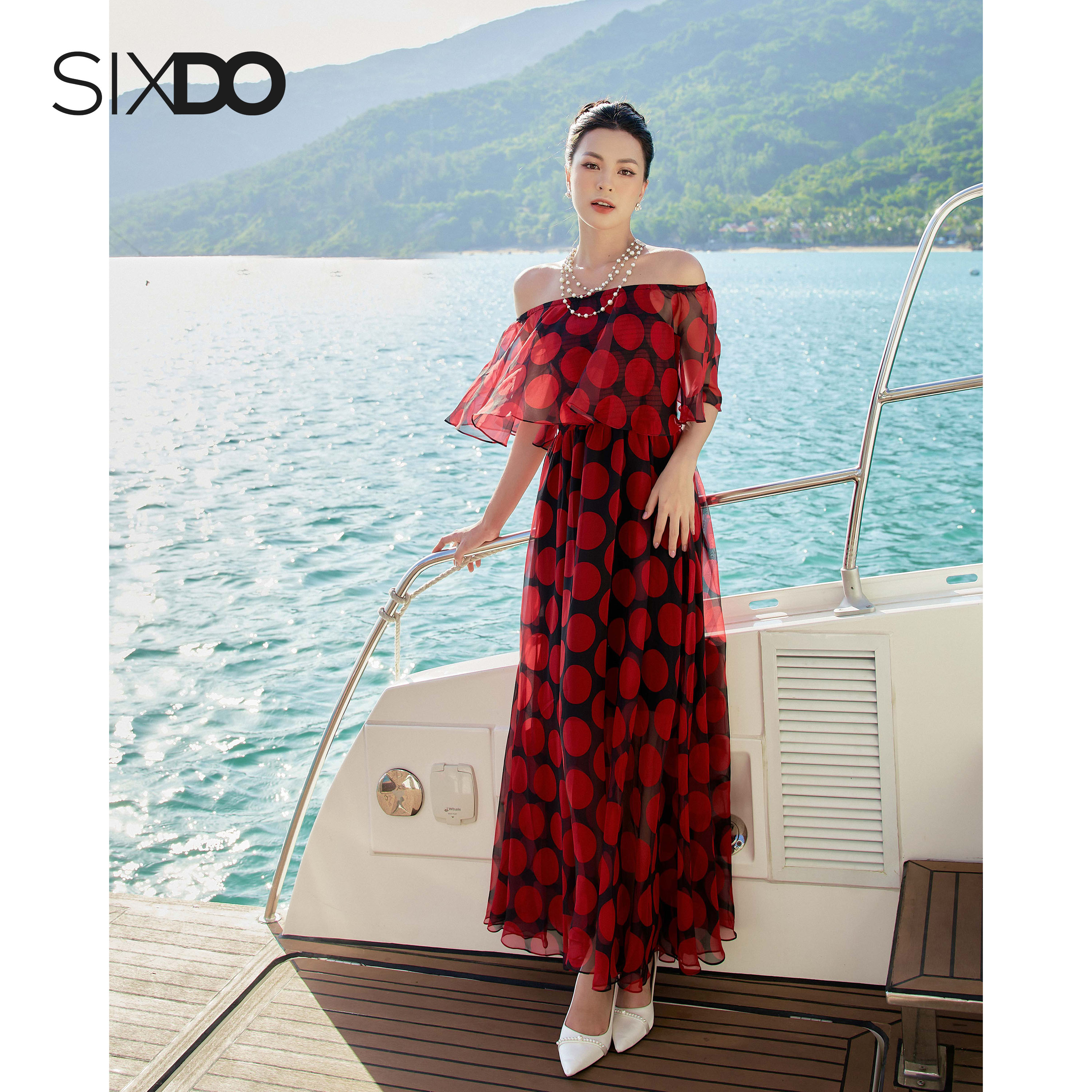 Đầm voan chấm bi trễ vai SIXDO (Black Polka Dots Midi Voile Dress)