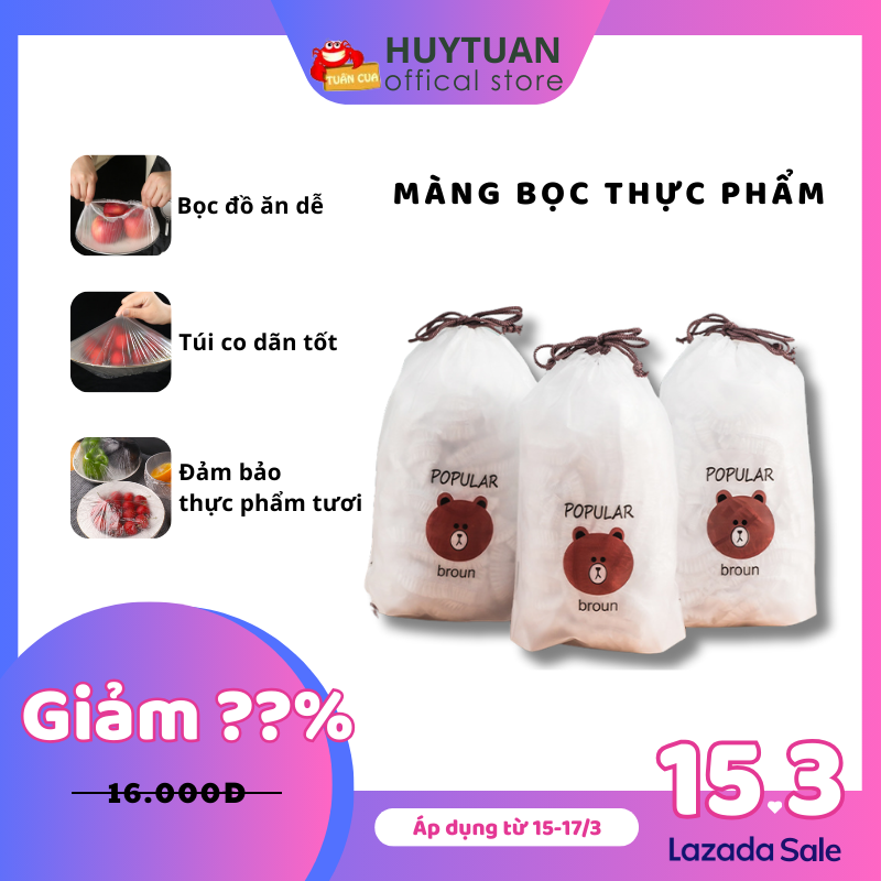 COMBO 100 màng bọc thực phẩm PE có chun bọc đồ ăn kèm túi gấu dây rút, Màng bọc thực phẩm co giãn và tái sử dụng, Túi đựng thực phẩm, Huy Tuấn