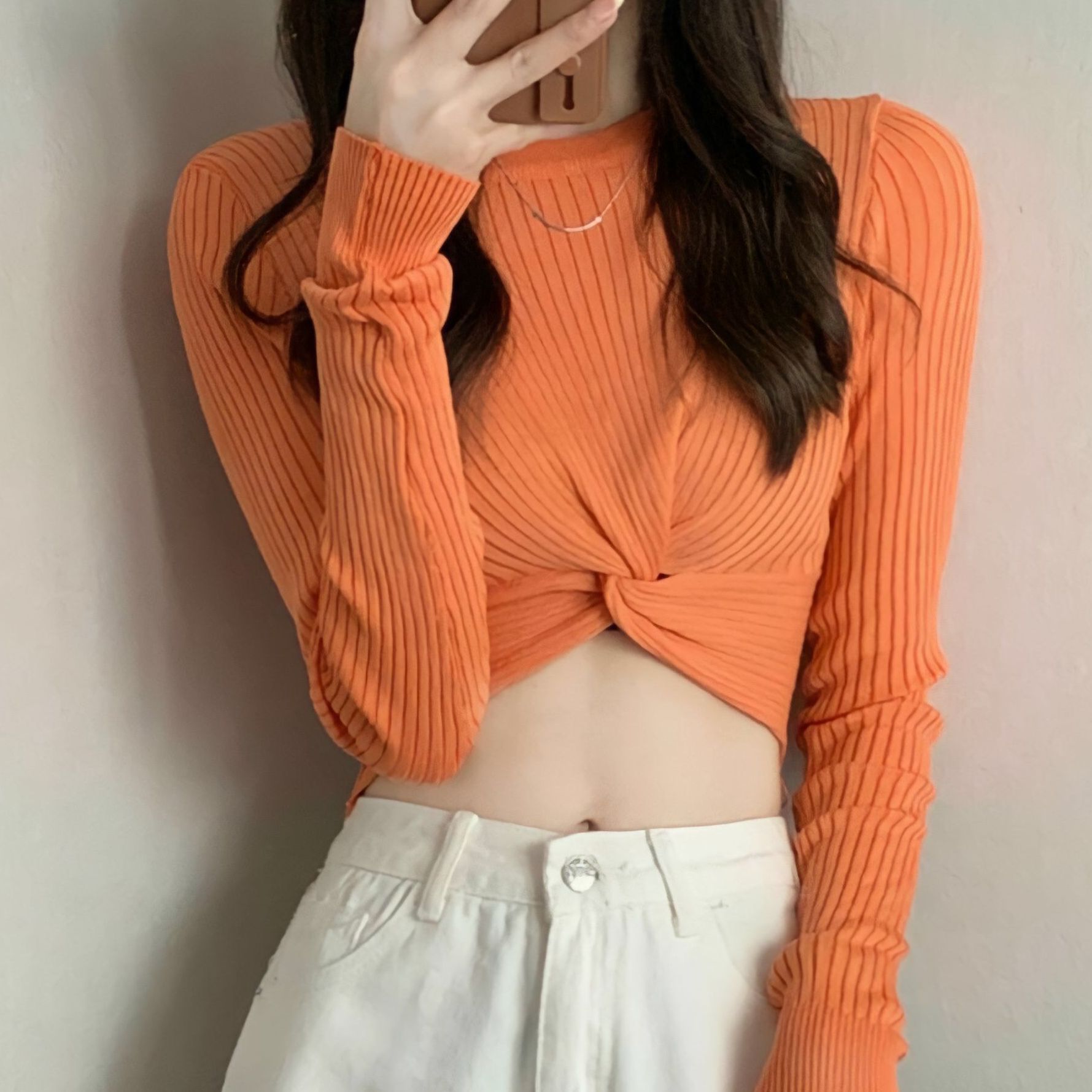 Áo croptop nữ thun gân GONGZU phối tay dài xoắn chéo bụng ôm body từ 48kg màu đen, hồng, xanh, cam, trắng