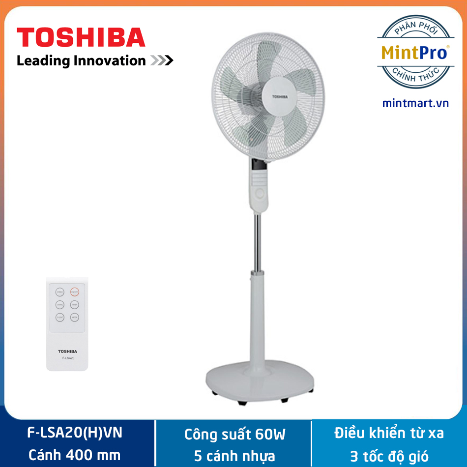 Quạt cây, Quạt đứng Toshiba F-LSA20(H)VN - Điều khiển từ xa - 5 cánh - Hẹn giờ tắt/mở - Màn LED hiển thị - 3 chế độ gió - Hàng chính hãng, bảo hành 12 tháng