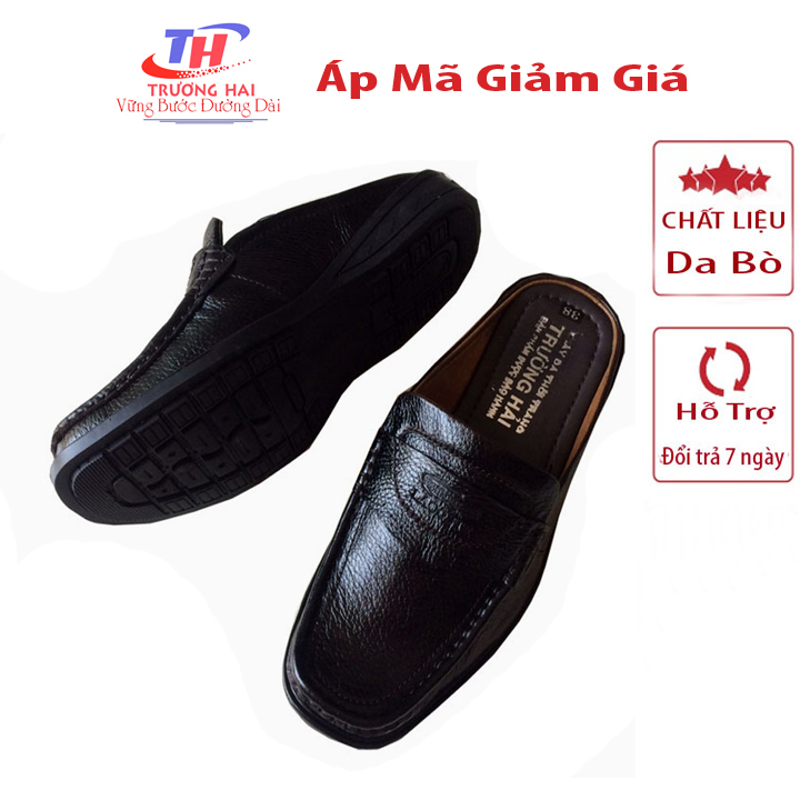 Giày sục nam da bò màu đen Trường Hải  đế không trơn may chắc chắn TH047