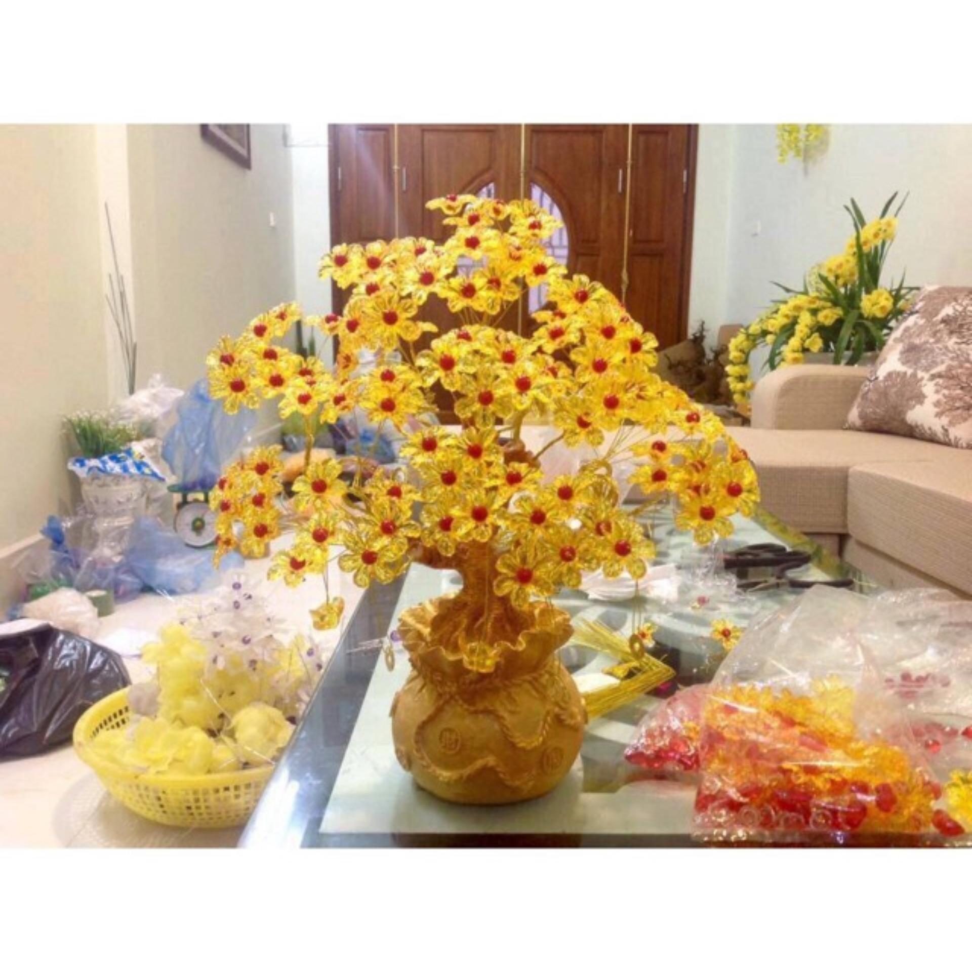 Combo cây kim tiền 7 cành phát tài phát lộc đế túi vàng và mèo vẫy thần tài, trang trí bàn khách, bàn làm việc, đặt bàn thờ ngày tết