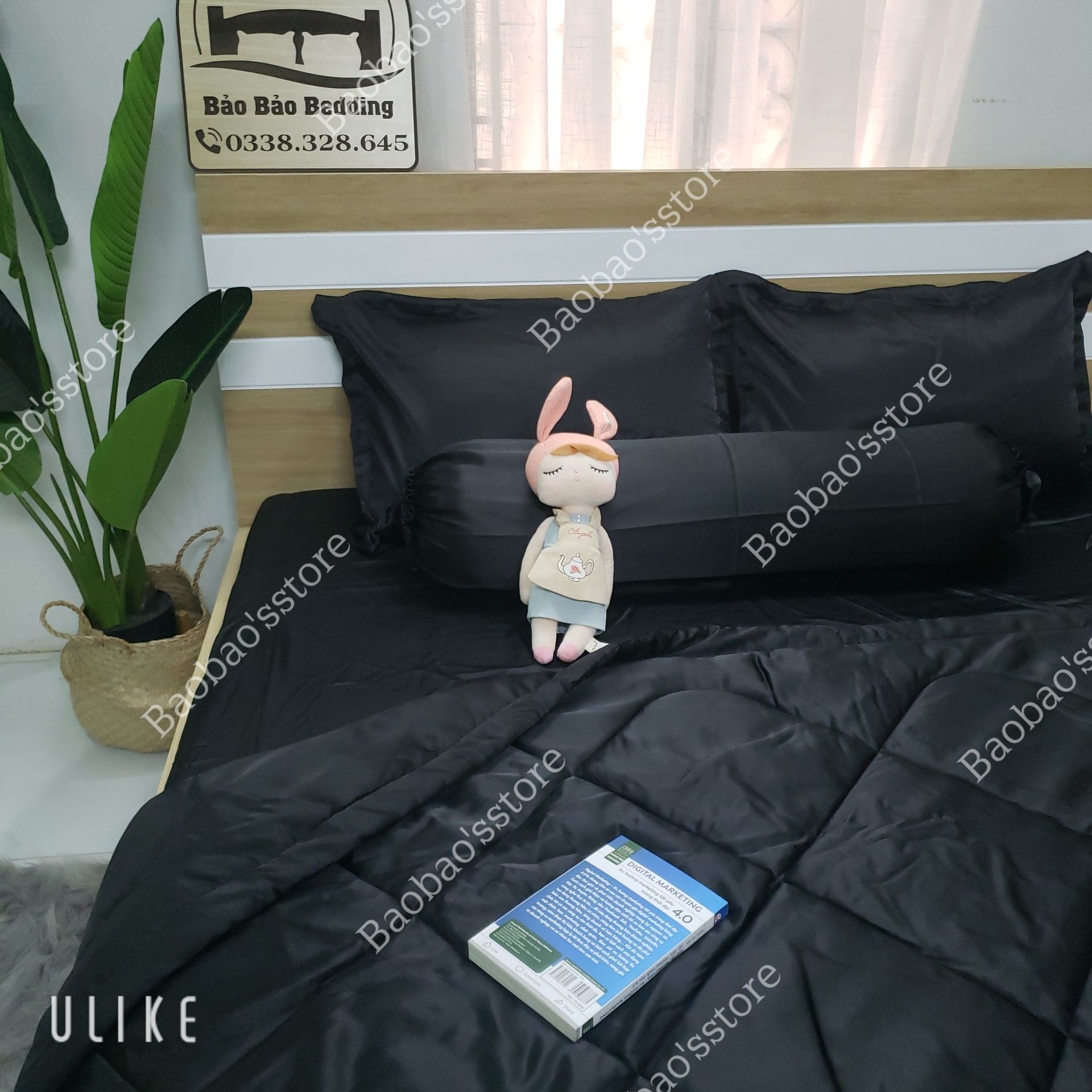 Bộ chăn ga và vỏ gối phi lụa màu đen (drap phi lụa, ga giường phi lụa)