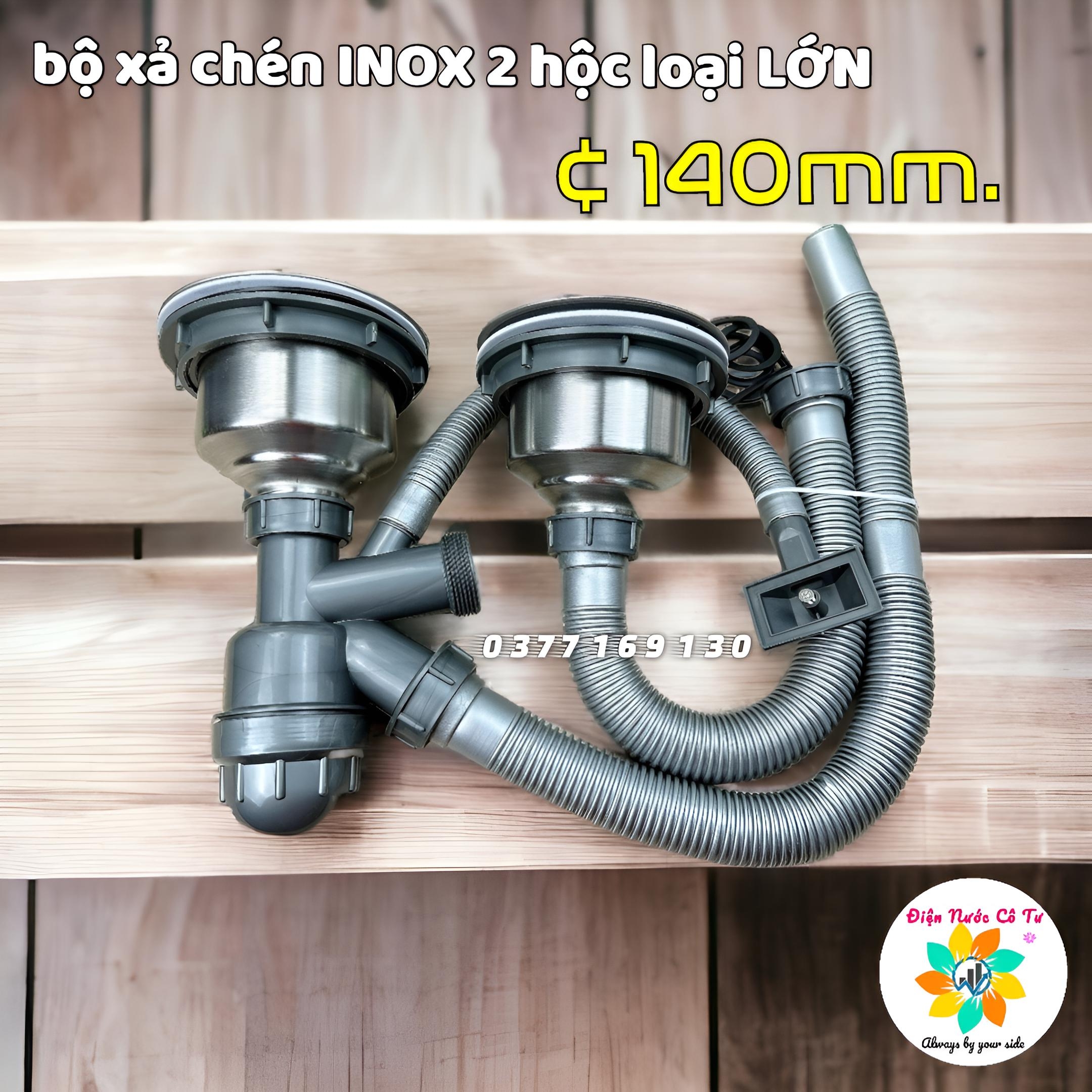Bộ xả chậu rửa chén đôi inox phi 140 - bộ xi phông chậu rửa chén 2 hộc phi 140