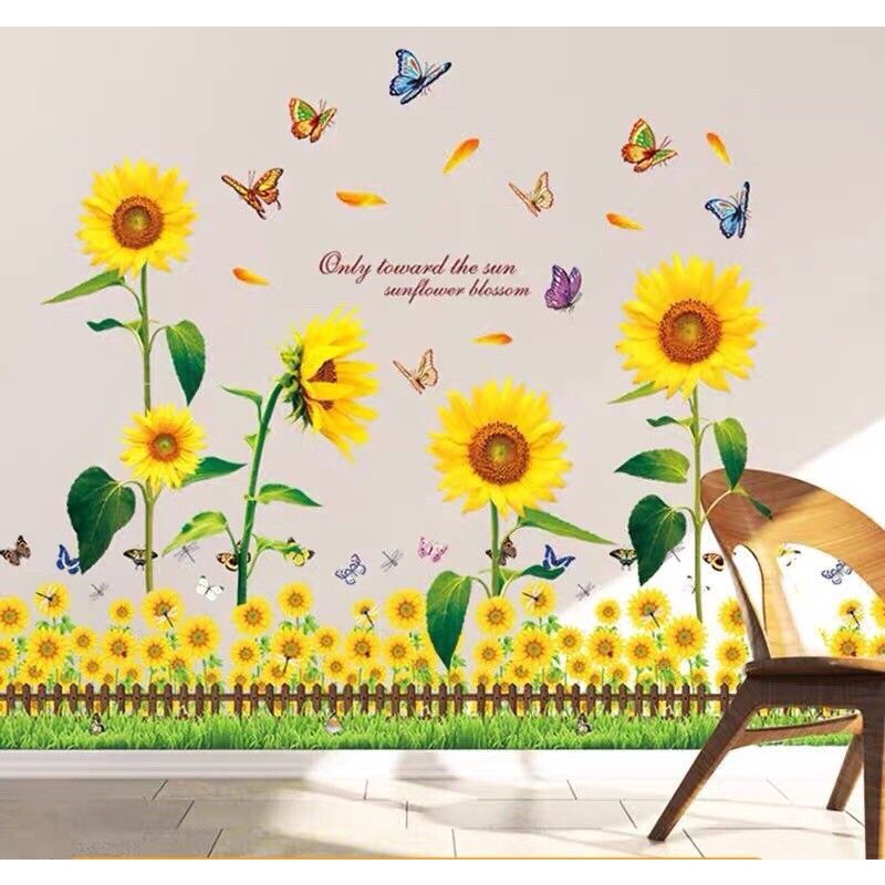 Decal dán tường , tranh dán tường hoa hướng dương và hàng rào 01
