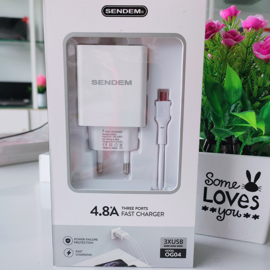 CỦ + CÁP SẠC NHANH SENDEM OG04 – SẠC  4.8A 3 CỔNG USB Lightning + Micro USB + Type C