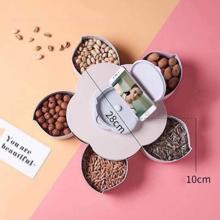 Khay Đựng Mứt Kẹo Tự Xoay Hình Cánh Hoa 5 Ngăn , Hộp đựng bánh mứt cánh hoa sen 1 tầng - Hộp đựng bánh kẹo - Có giá đỡ điện thoại - Khay đựng bánh mứt xuân 2024 thiết kế tinh xảo