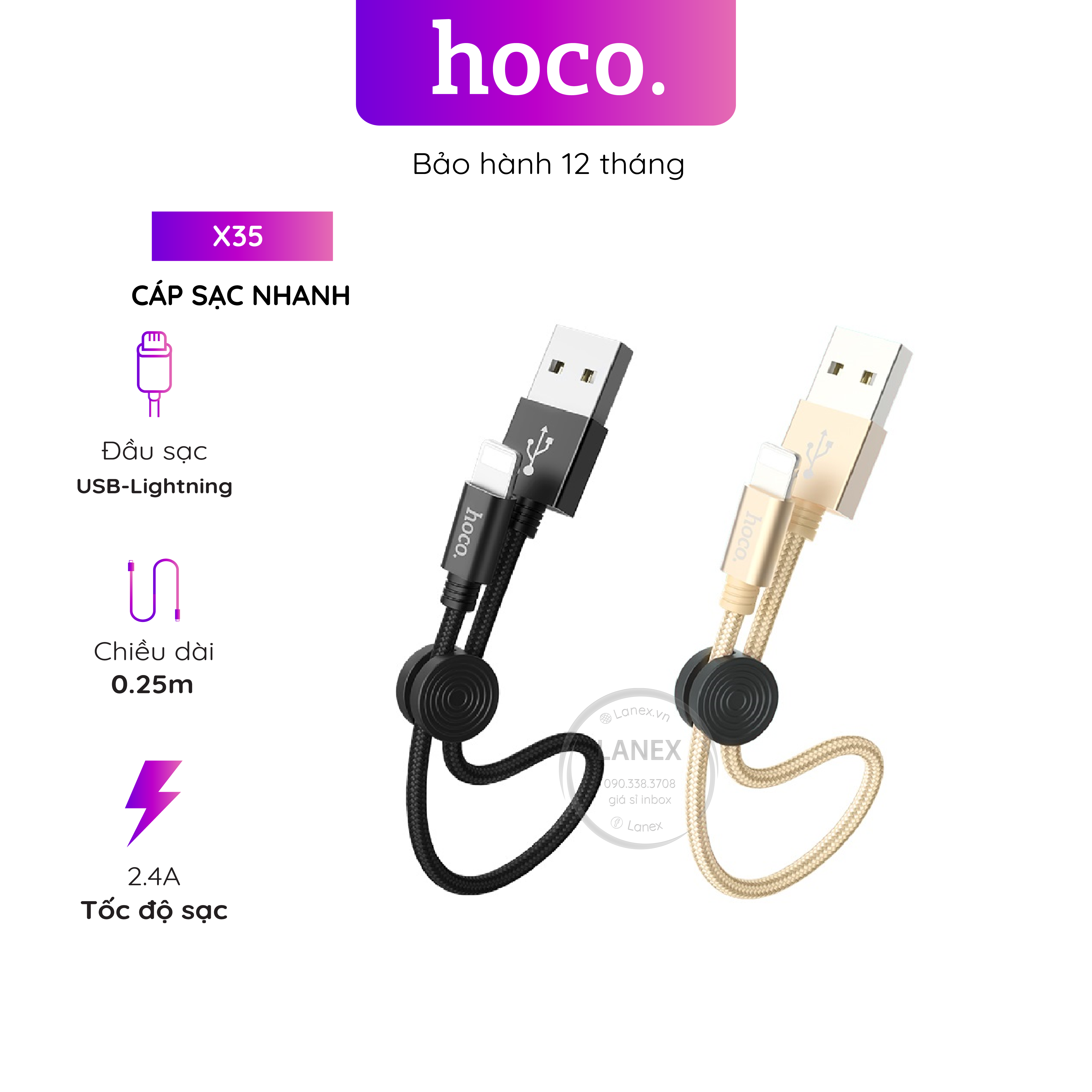Cáp Sạc Nhanh Hoco X35 Dây Dù Lightning 2.4a Dài 0.25m