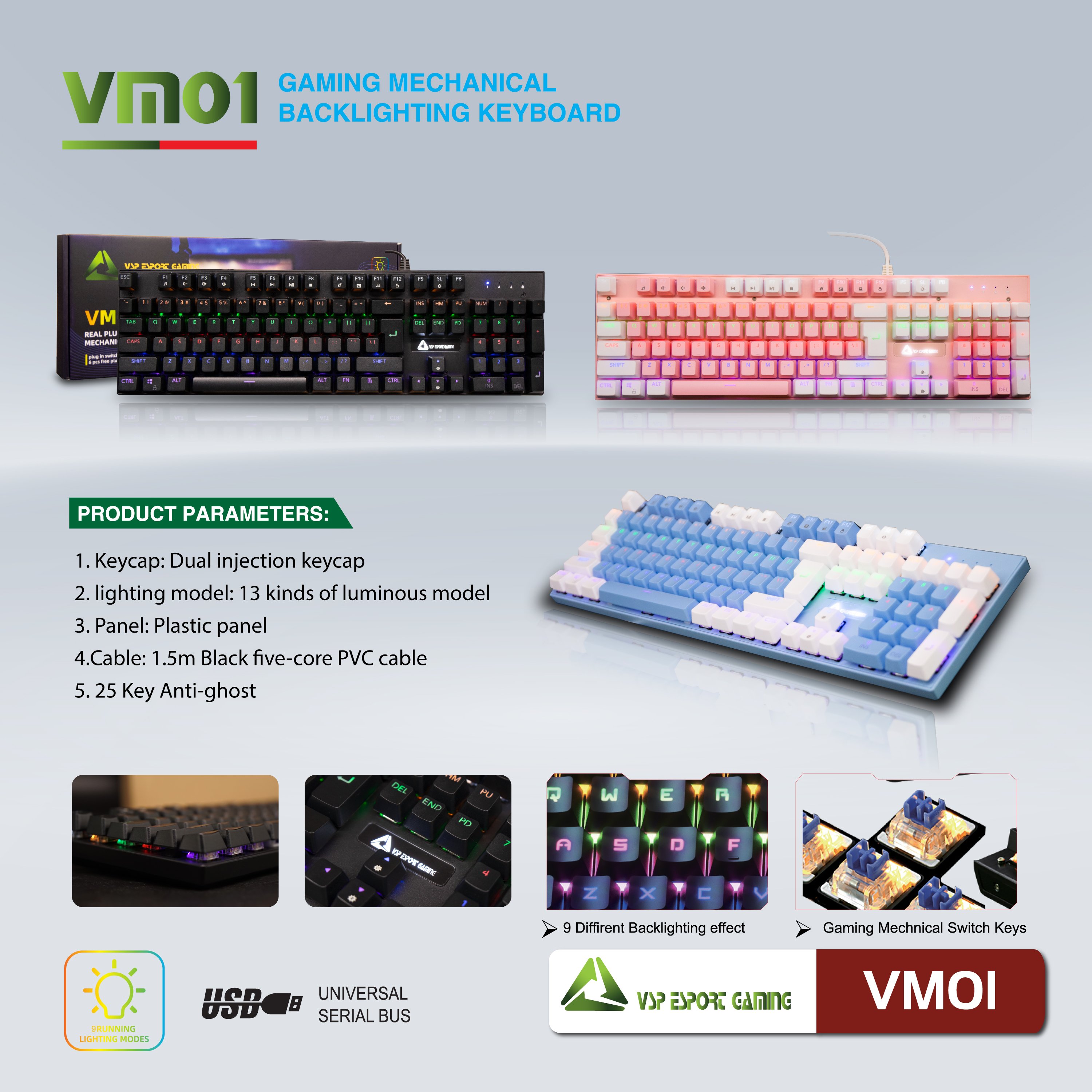 Bàn phím cơ VSP Esport VM01 / VM02 / VM03 / VM04 / VM05 / Jedel KL-95 / KL-103 - Led đa màu hỗ trợ Anti Ghost nhiều phím - Phụ Kiện 1986