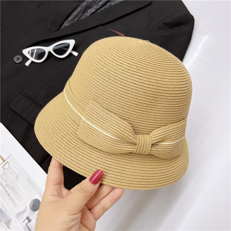 Mũ cói vành nhỏ cụp đính nơ chất mềm đẹp (Sh60)
