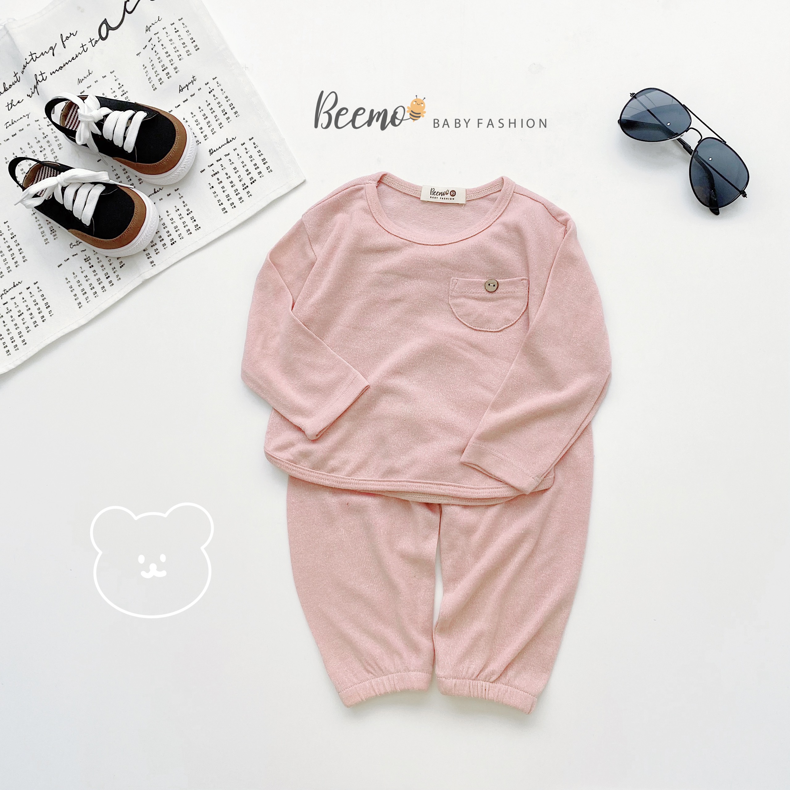 Bộ quần áo dài tay Beemo vải len mỏng phối túi basic mặc nhà giữ ấm, mềm mại cho bé trai, bé gái từ 1 đến 6 tuổi 22199B