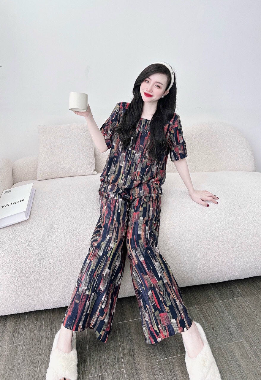 Bộ lanh trung niên áo cộc tay cổ tròn quần ống rộng️Bộ đồ tone mặc nhà chất lanh nhung Việt Thắng - <68kg
