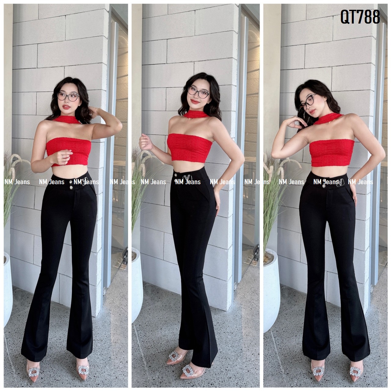 Quần tây nữ 2 nút gắn tag chữ V chất lụa thun co giãn QT788