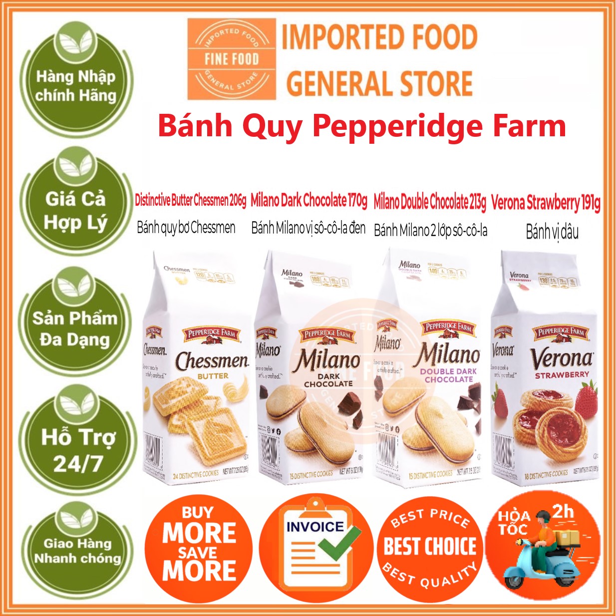 Bánh Quy Pepperidge Farm Chessmen, Verona Strawberry, Milano Dark Chocolate, Double Chocolate