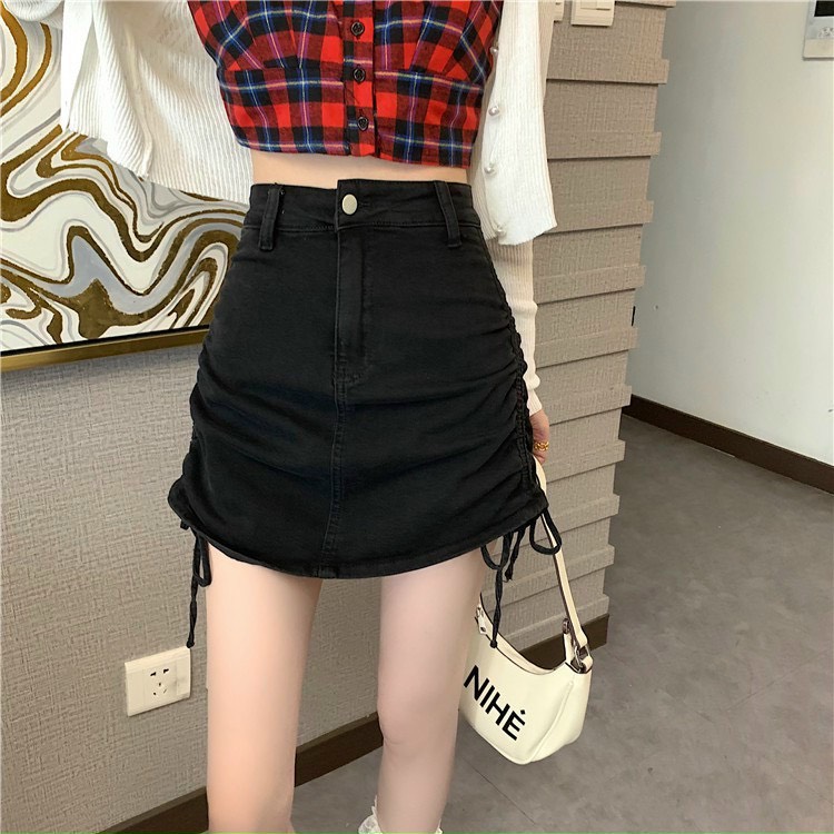 Chân váy kaki lưng cao dây rút hai bên may kèm quần