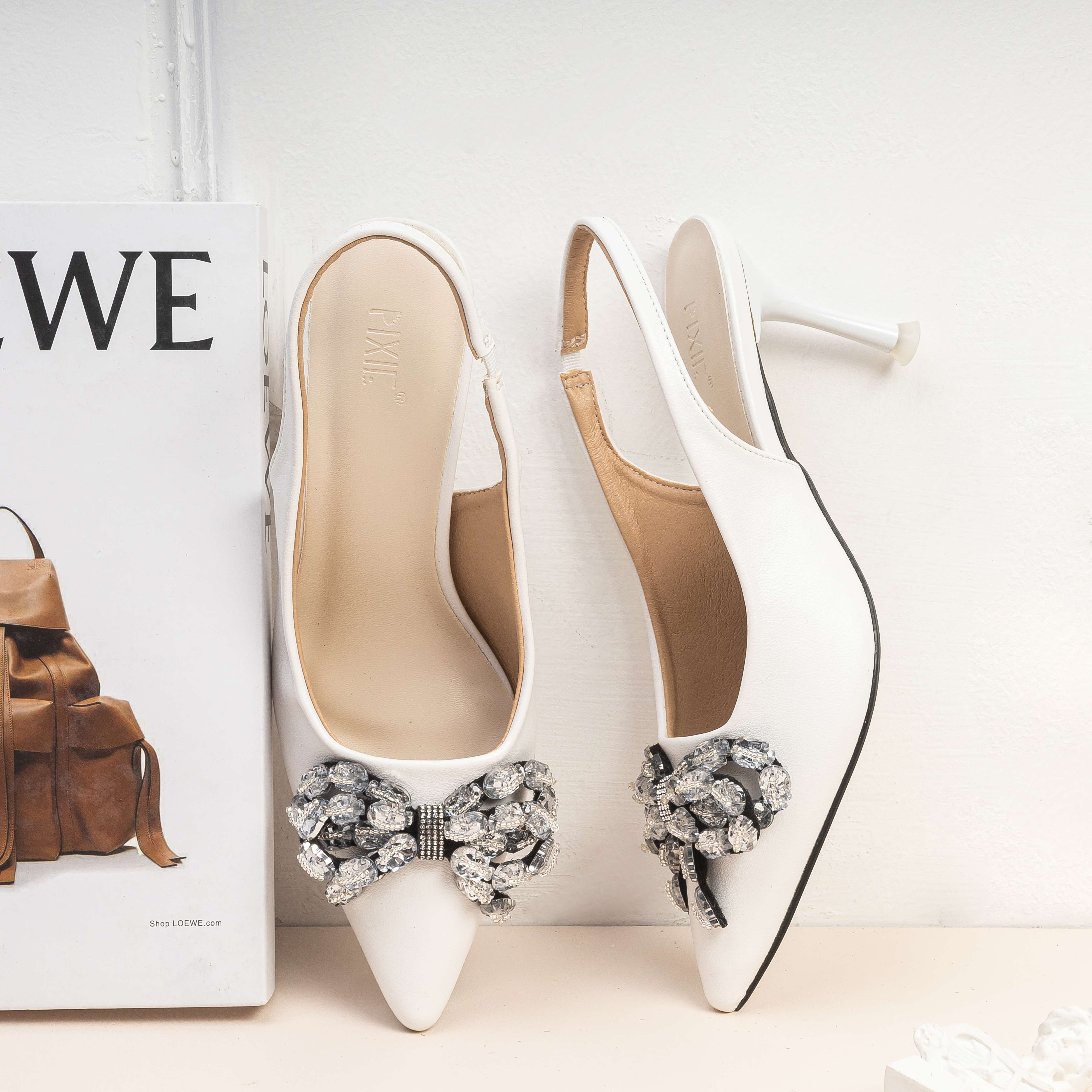 Giày cao gót 7cm sling back phối nơ đính đá pixie e246