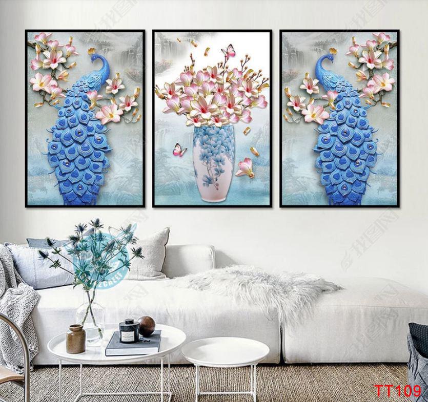 Bộ tranh dán tường phòng khách Chim công uyên ương -Trang décor phong cách hiện đại