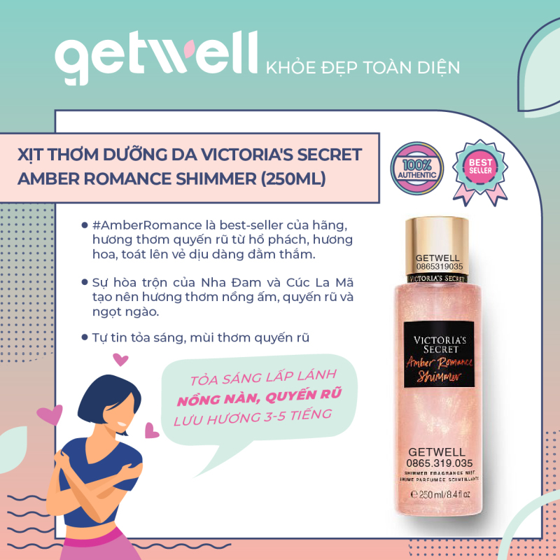 Xịt thơm kim tuyến Victorias Seccret Shimmer Fragrance Mist -Amber Romance (250mL)