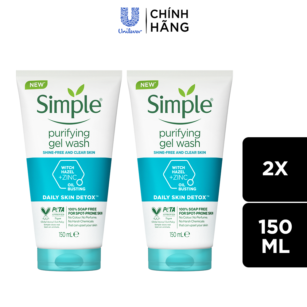 Combo 2 Sữa rửa mặt Simple giúp kiềm dầu và ngừa mụn hiệu quả - cho da dầu mụn 150ml/chai