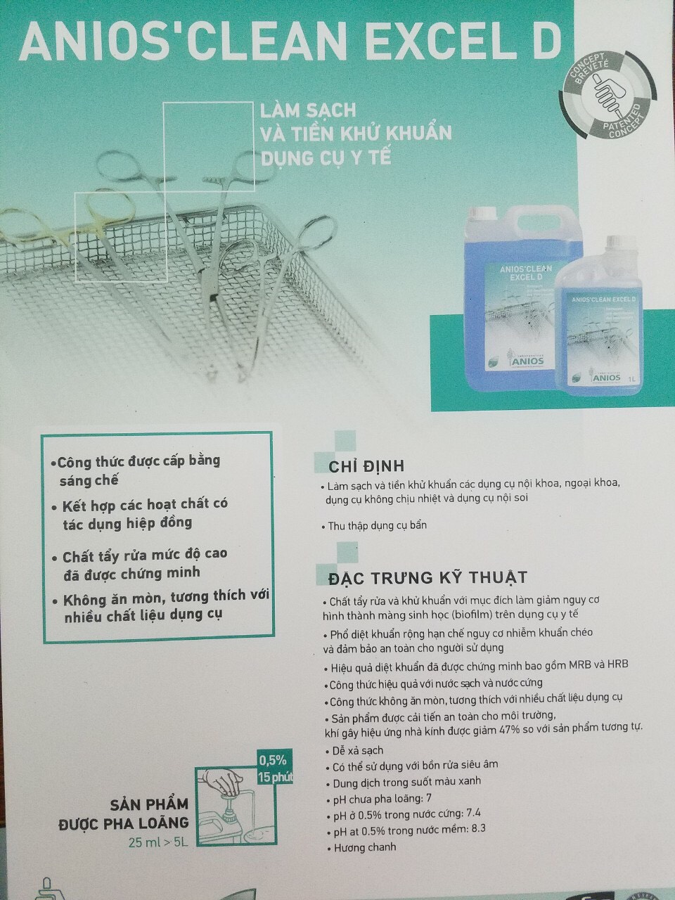 Dung dịch ngâm dụng cụ Anios’ Clean Excel 1Lít
