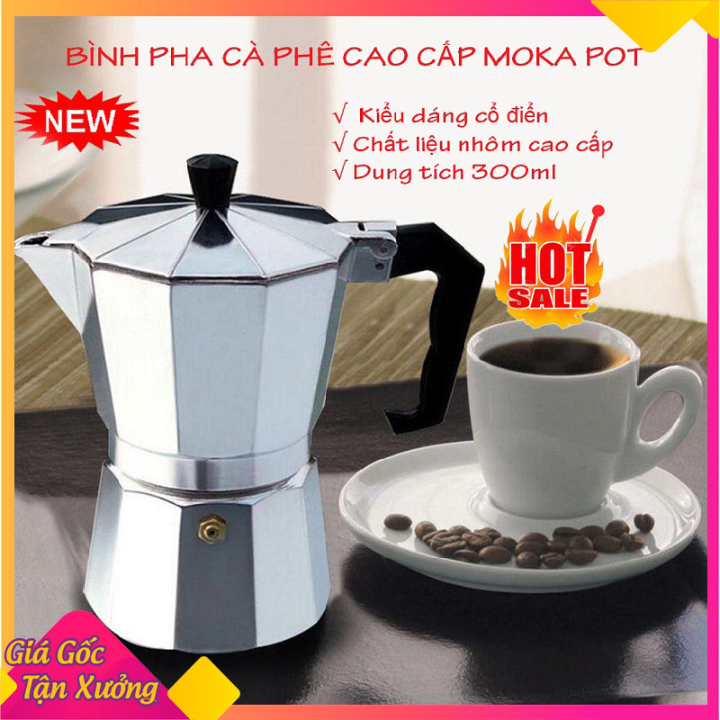 Bình pha cà phê Moka Pot 6 tách 300ml bằng Nhôm cao cấp, máy pha cà phê (cafe), ấm pha cà phê chuyên dụng tiện lợi hơn Phin pha cà phê kiêm bình pha trà phù hợp với gia đình, văn phòng