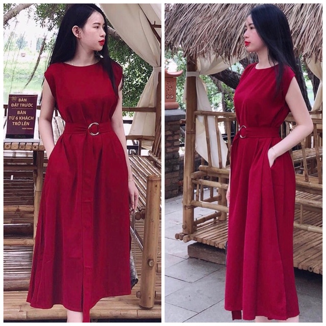 Đầm đỏ suông dài kèm belt