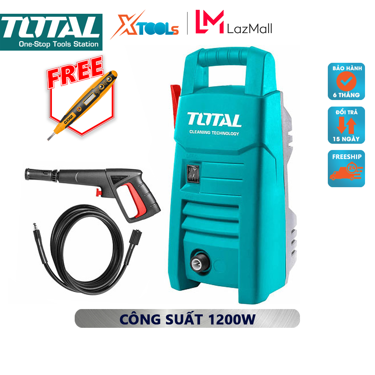 Machine spray wash total TGT113026 car washing machine high power 1200W, input voltage 220V, maximum pressure 90bar , động carbon brush brushing dirt fly on the car, on the foundation stone, watering plants, cleaning