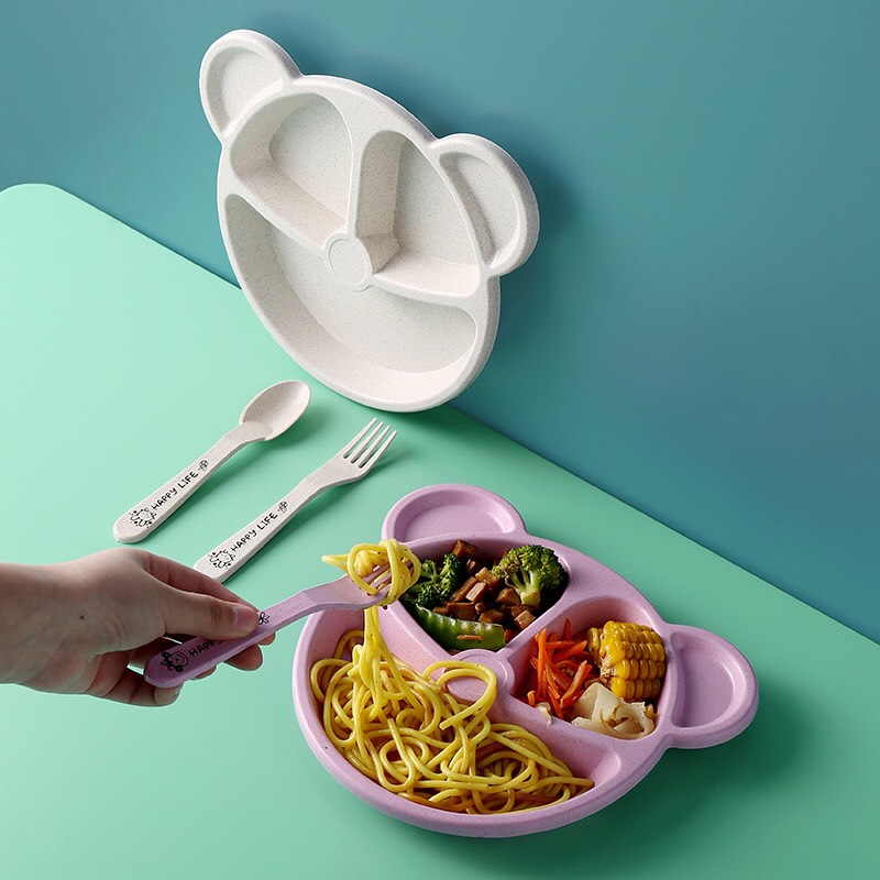 Khay Ăn Dặm Lúa Mạch Cho Bé Hình Gấu (5 Ngăn Kèm Muỗng Nĩa)