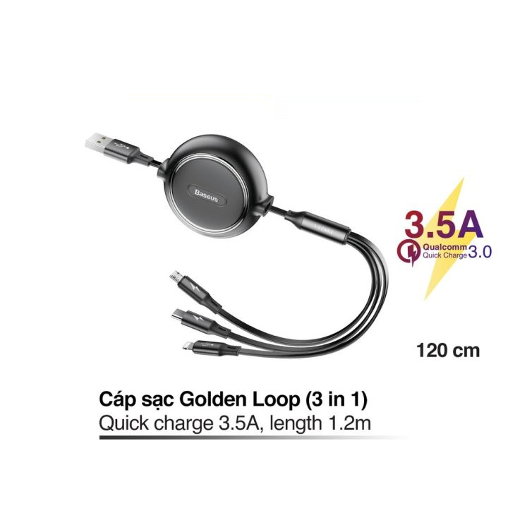 Cáp sạc dây rút 3 đầu Baseus Golden Loop 3 in 1 Elastic (3.5A, Type C/ iPhone/ Micro USB, Adjustable, Fast Charge Cable)