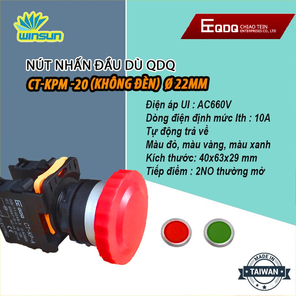 Công tắc nhấn đề đầu nấm dù, nút nhấn đầu dù qdq phi 22 qdq