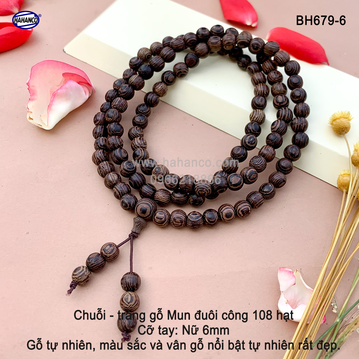 Chuỗi tràng 108 hạt gỗ mun đuôi công vân gỗ siêu đẹp - an yên - thịnh vượng - bh679