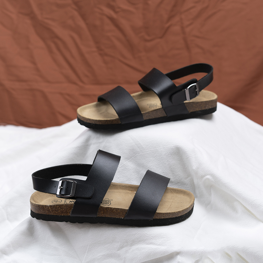 Giày Sandal đế trấu unisex 2 quai da pu đen