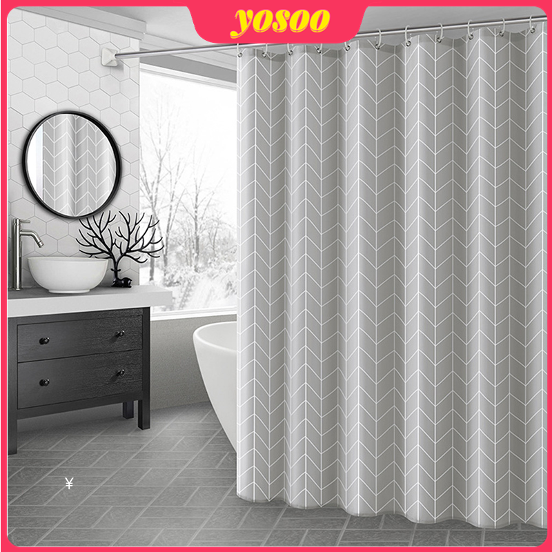 Striped Thicken Shower Bath Curtain Waterproof Bathroom Curtain + Hanging Hooks Grey