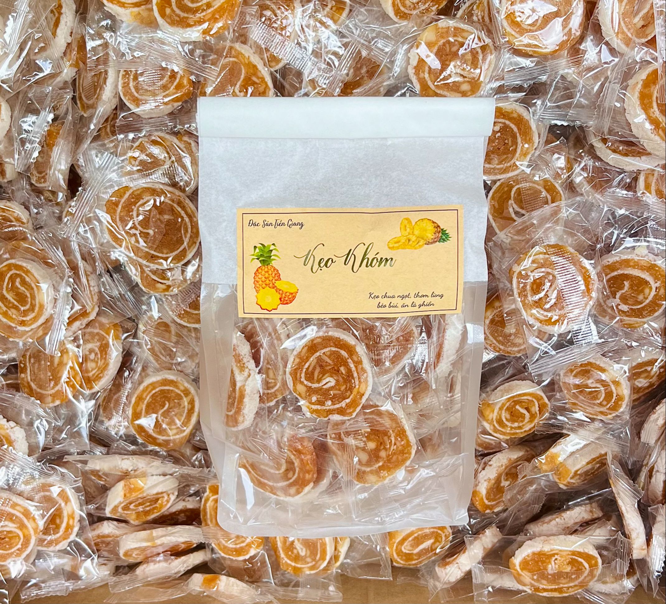 Túi 500g kẹo khóm dừa non cuộn bánh phồng