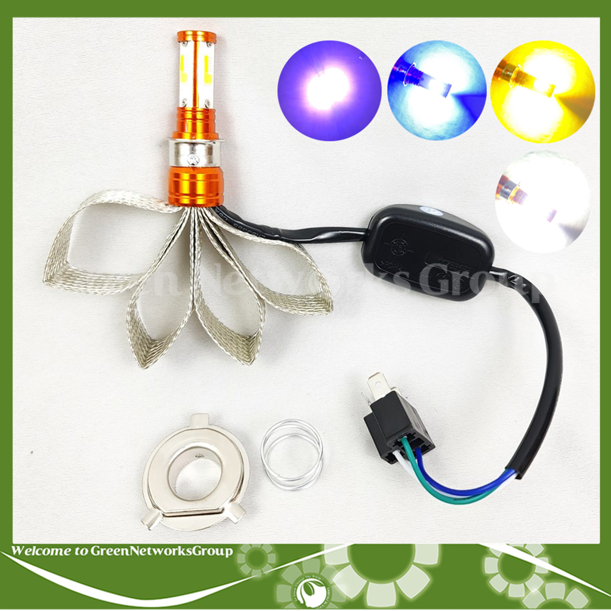 Đèn led râu H4 sáng 5 chế độ (Trắng - Vàng -Xanh Dương - Tím - Chớp đủ màu) dành cho các dòng xe máy chân H4 Greennetworks ( 1 Đèn )