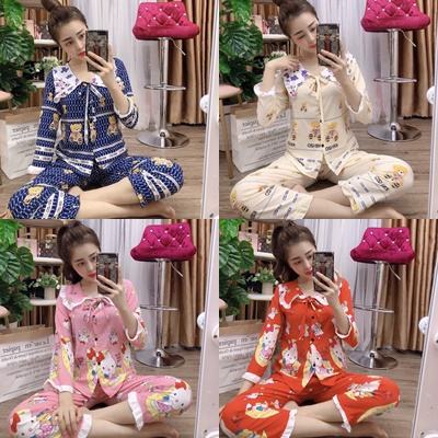 Đồ Bộ Pijama Tay Dài Cột Nơ Phối Viền Màu Freesize dưới 60kg Vải Lụa Hàn Mềm Mịn Thoáng Mát