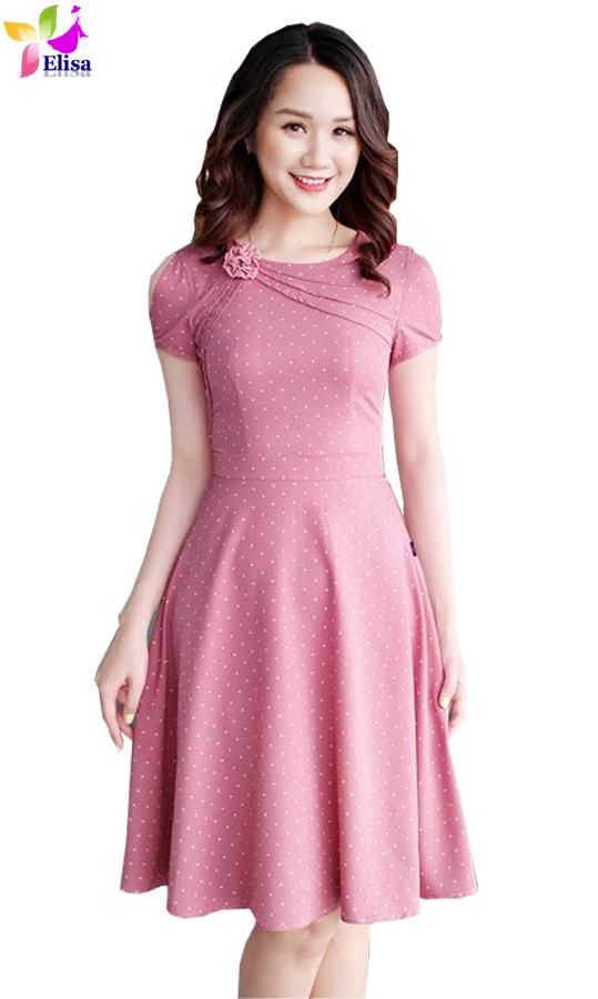 Đầm váy  –  Đầm xoè chấm bi hoa mí cổ DVCC86 cao cấp