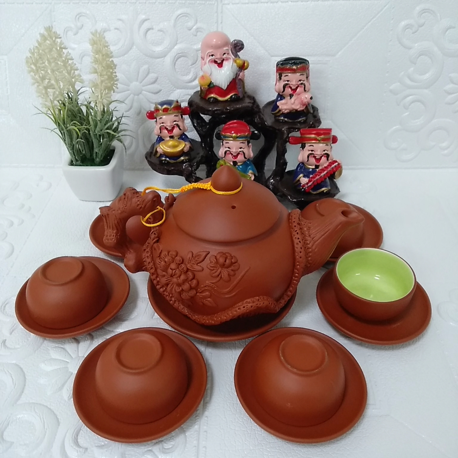 Bộ ấm chén đất nung Bát Tràng hoa phù dung 400ml màu đỏ